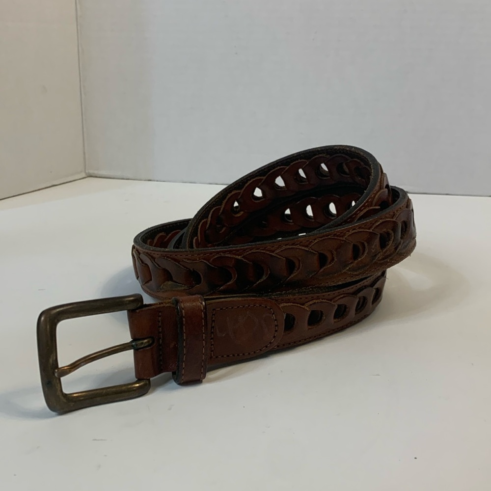 ARGENTINA MENS BELT WOVEN ADJUSTABLE SZ 44 2 TONE SABLE/DARK BROWN 1”W BRASS